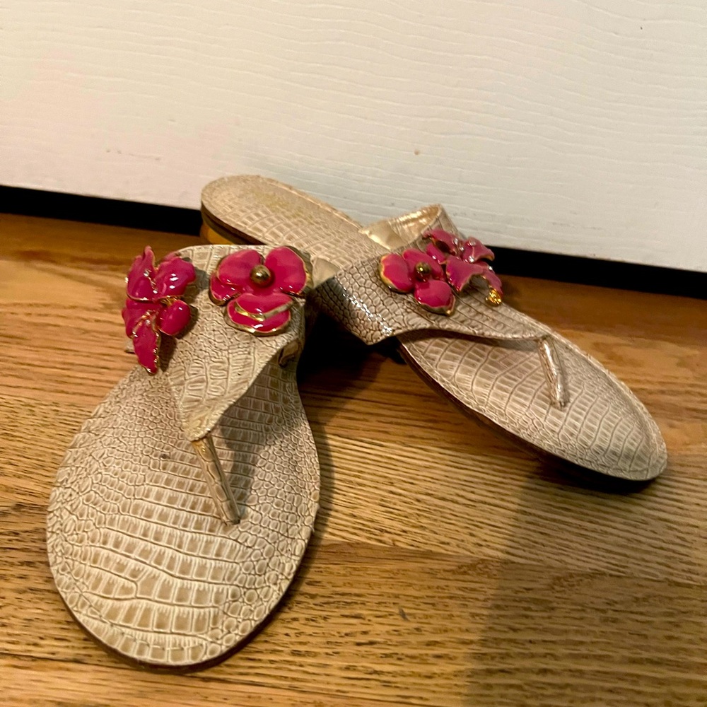 Amrita Singh summer sandals with pink jewel accents and gold heel